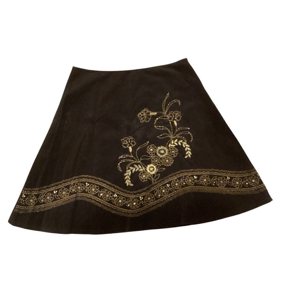 Willi Smith corduroy gold beading embroidery flare skirt size 14 brown